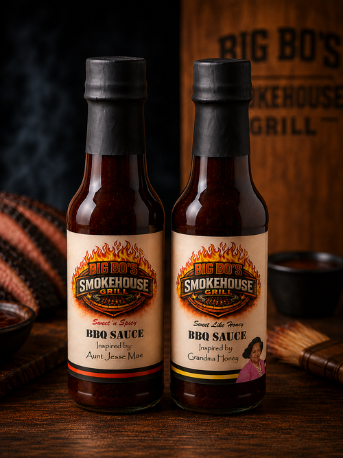 A five ounce glass bottle of Big Bo’s homemade barbecue sauce with a custom label, sitting next to fresh ingredients on a pop-up market table.